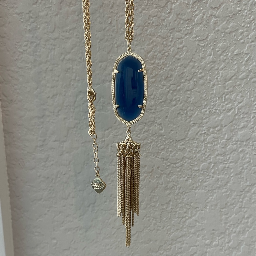 Kendra Scott Rayne Oval Tassel Pendant Necklace Navy Cat’s Eye / Gold - Picture 7 of 15